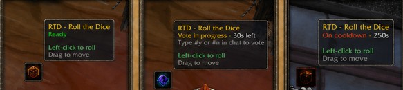 RTD Roll the Dice addon showing Ready, Vote in Progress, and On Cooldown states